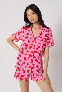 A lady wearing Watermelon Crush Short Sleeve Classic Shorty Stretch Jersey Pj Set closer look