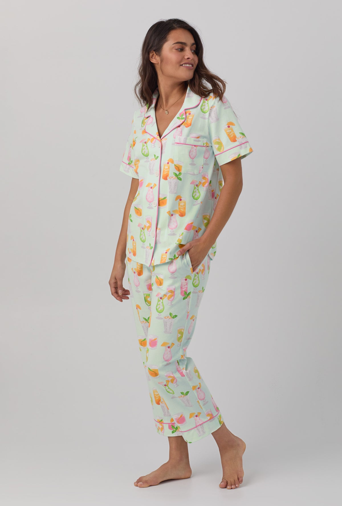 A lady wearing Short Sleeve Classic Stretch Jersey Cropped PJ Set with summer sips print