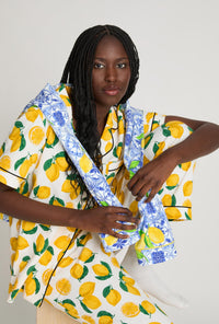 A lady wearing White and  Yellow Short Sleeve Classic Stretch Jersey Cropped Pj Set front view