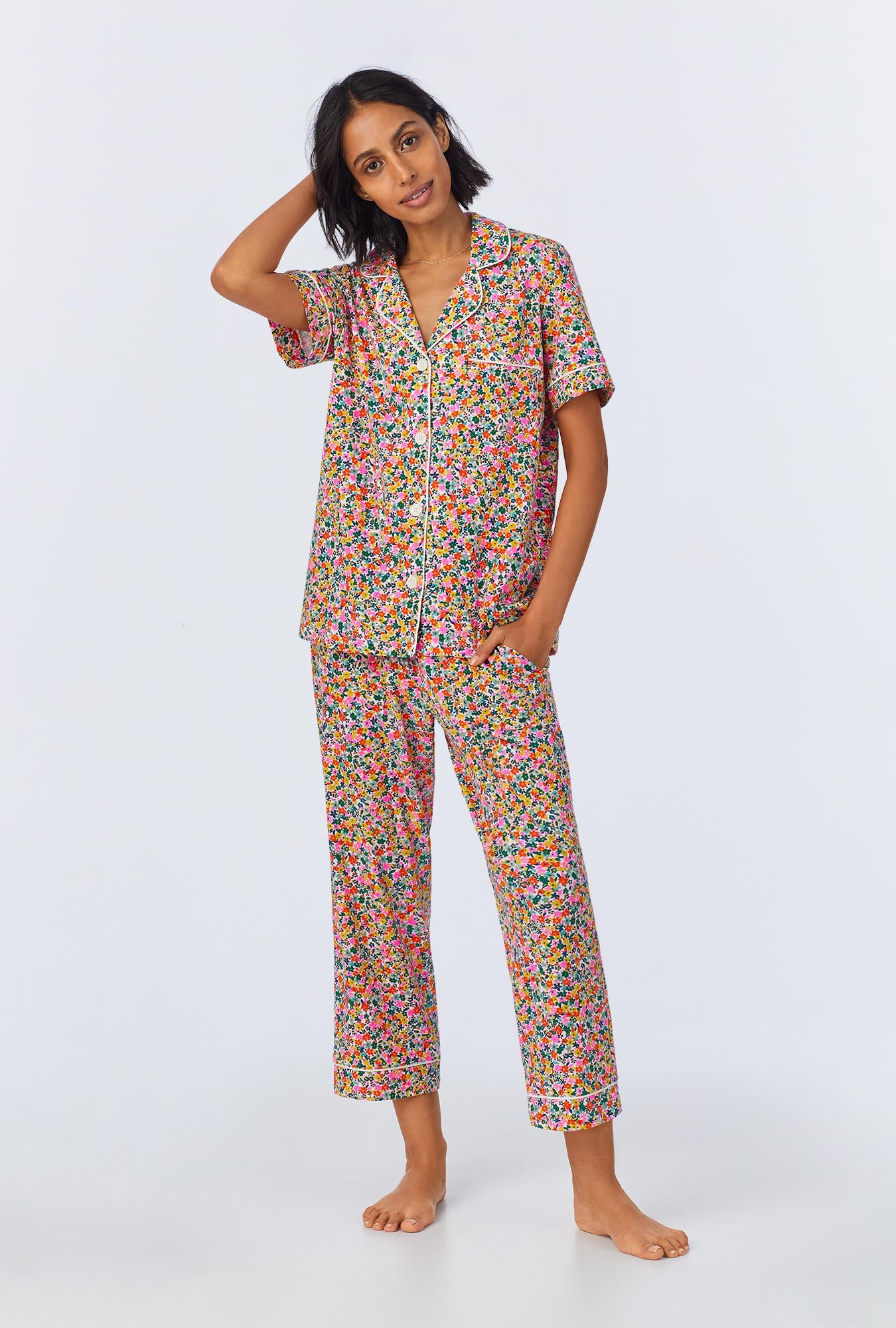 A lady wearing Fresh Picks Short Sleeve Classic Stretch Jersey Cropped PJ Set
