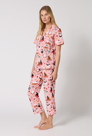 A Lady Wearing Bazaar Cats Short Sleeve Classic Stretch Jersey Cropped Pj Set in a side angled pose