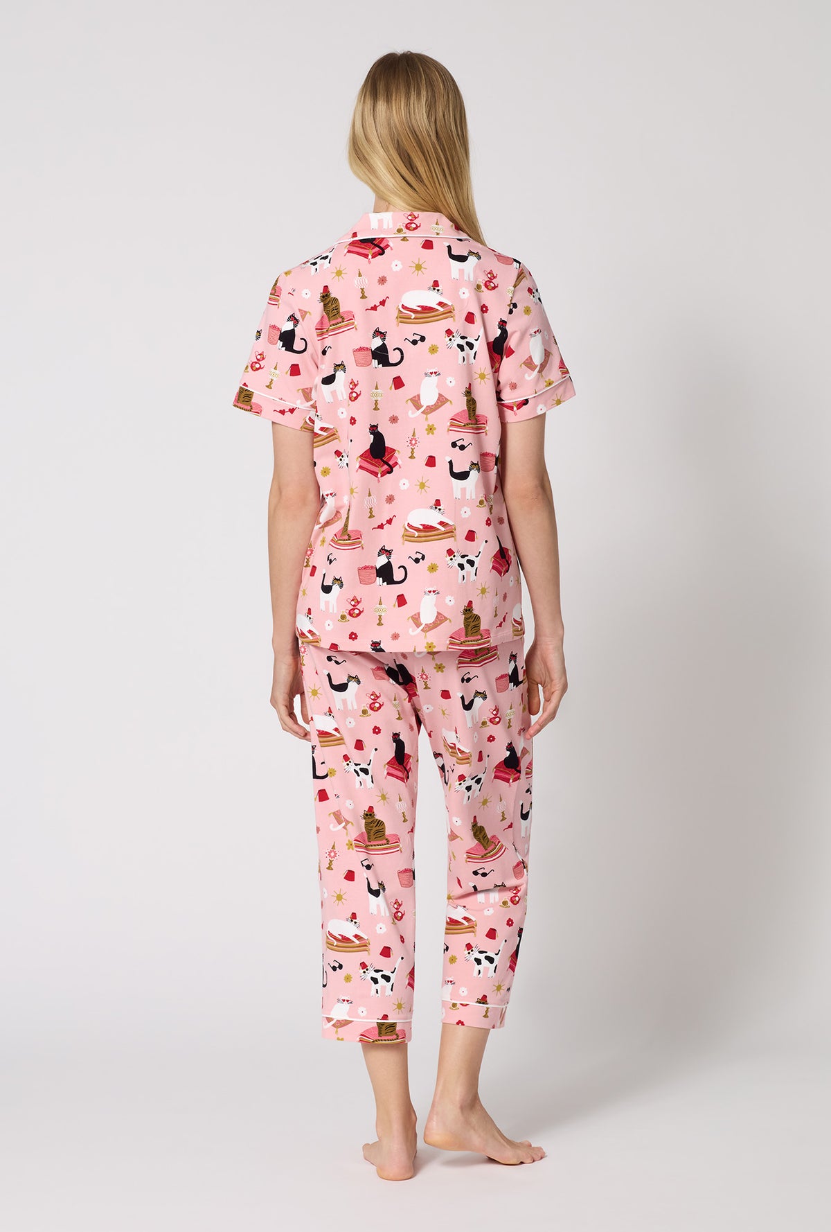 A Lady Wearing Bazaar Cats Short Sleeve Classic Stretch Jersey Cropped Pj Set in a back view pose