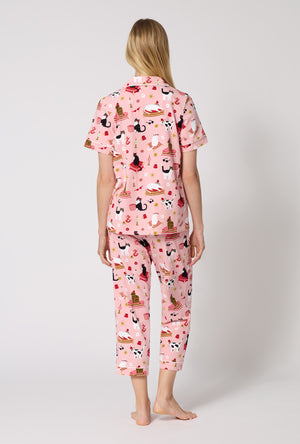 A Lady Wearing Bazaar Cats Short Sleeve Classic Stretch Jersey Cropped Pj Set in a back view pose