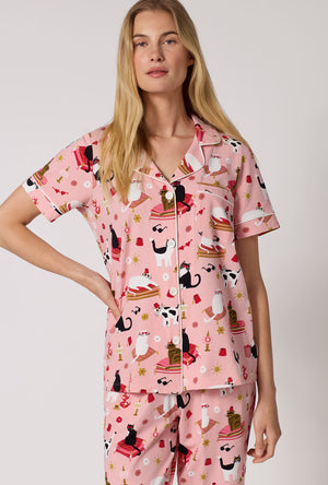 A Lady Wearing Bazaar Cats Short Sleeve Classic Stretch Jersey Cropped Pj Set in a front close up view shot