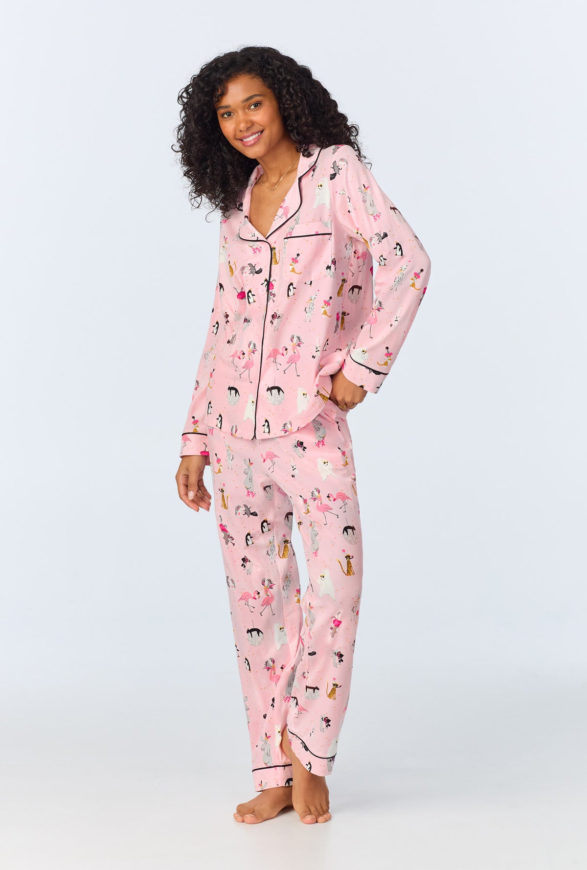 A lady wearing Party Animals Long Sleeve Classic Stretch Jersey PJ Set