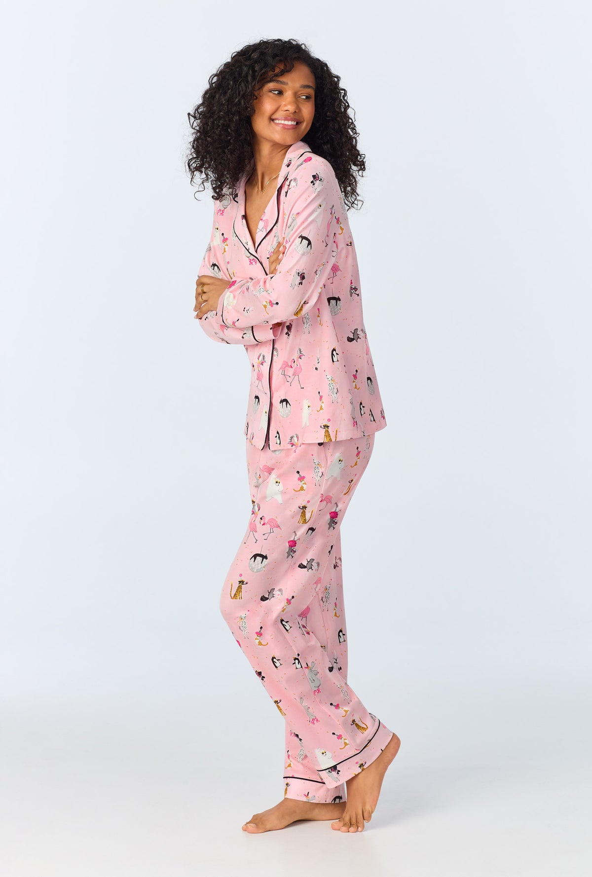 A lady wearing Party Animals Long Sleeve Classic Stretch Jersey PJ Set