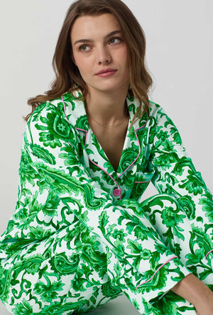A closeup of A lady wearing Green and  White Long Sleeve Classic Stretch Jersey Pj Set