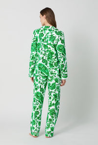 A lady wearing Green and  White Long Sleeve Classic Stretch Jersey Pj Set back view