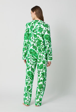 A lady wearing Green and  White Long Sleeve Classic Stretch Jersey Pj Set back view