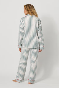 A lady wearing Peppermint Stripe Long Sleeve Classic Woven Portuguese Flannel Pj Set back view