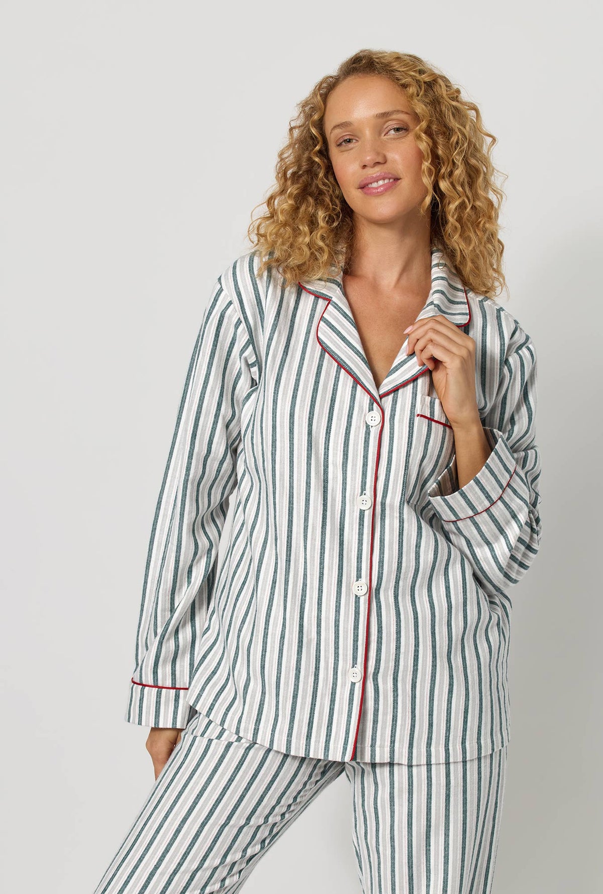 A lady wearing Peppermint Stripe Long Sleeve Classic Woven Portuguese Flannel Pj Set closer look