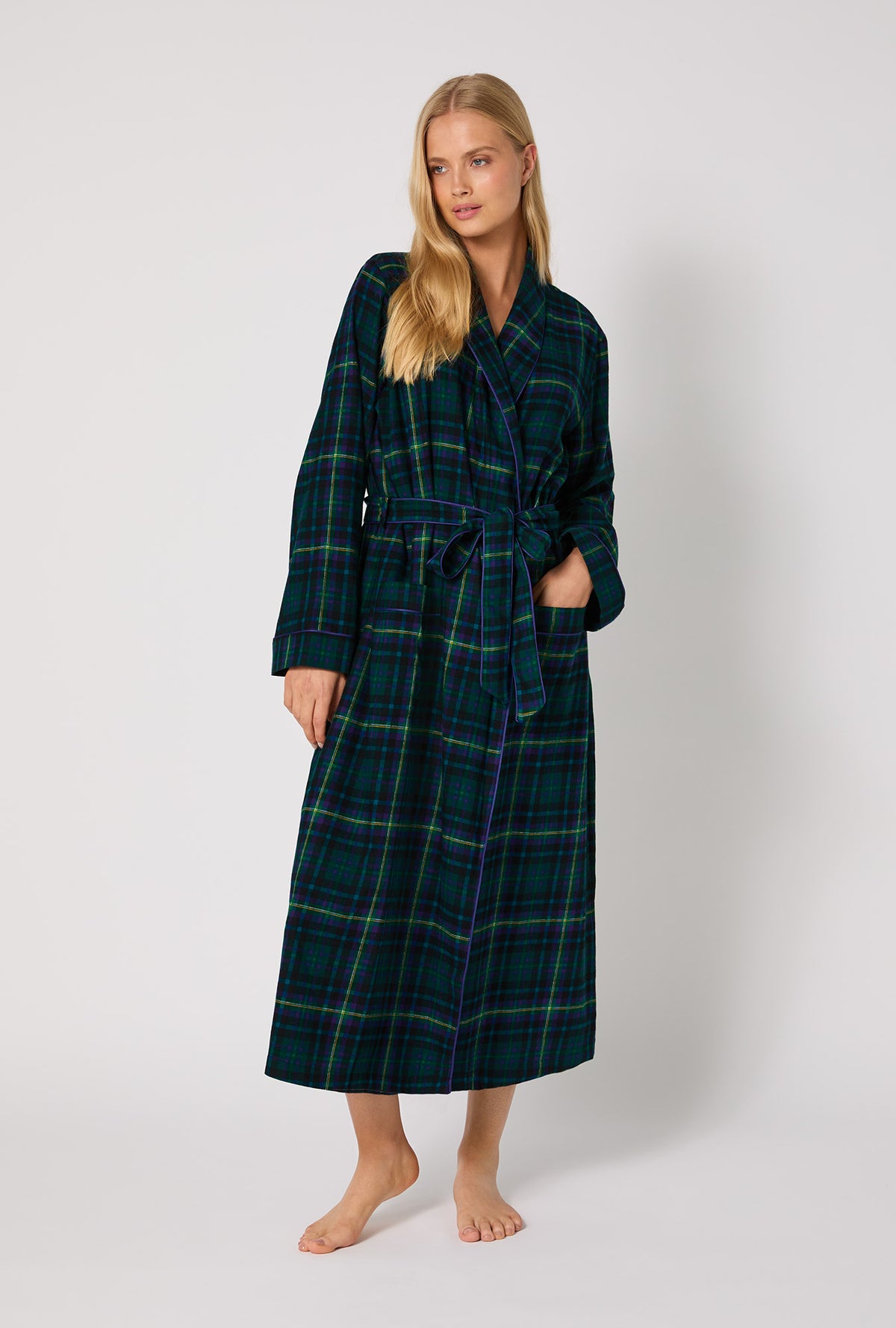 A lady wearing Walden Plaid Unisex Classic Woven Portuguese Flannel Robe de Chambre