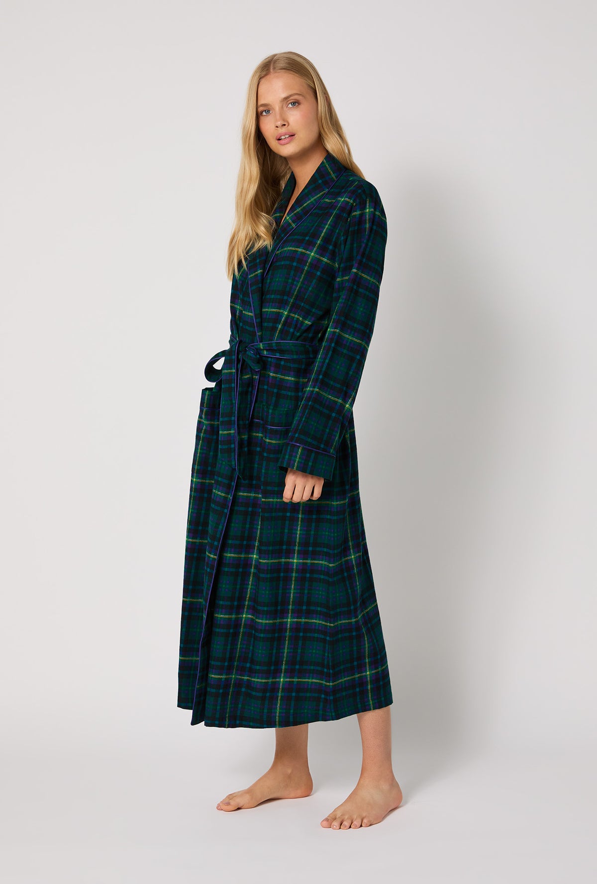 A lady wearing Walden Plaid Unisex Classic Woven Portuguese Flannel Robe de Chambre
