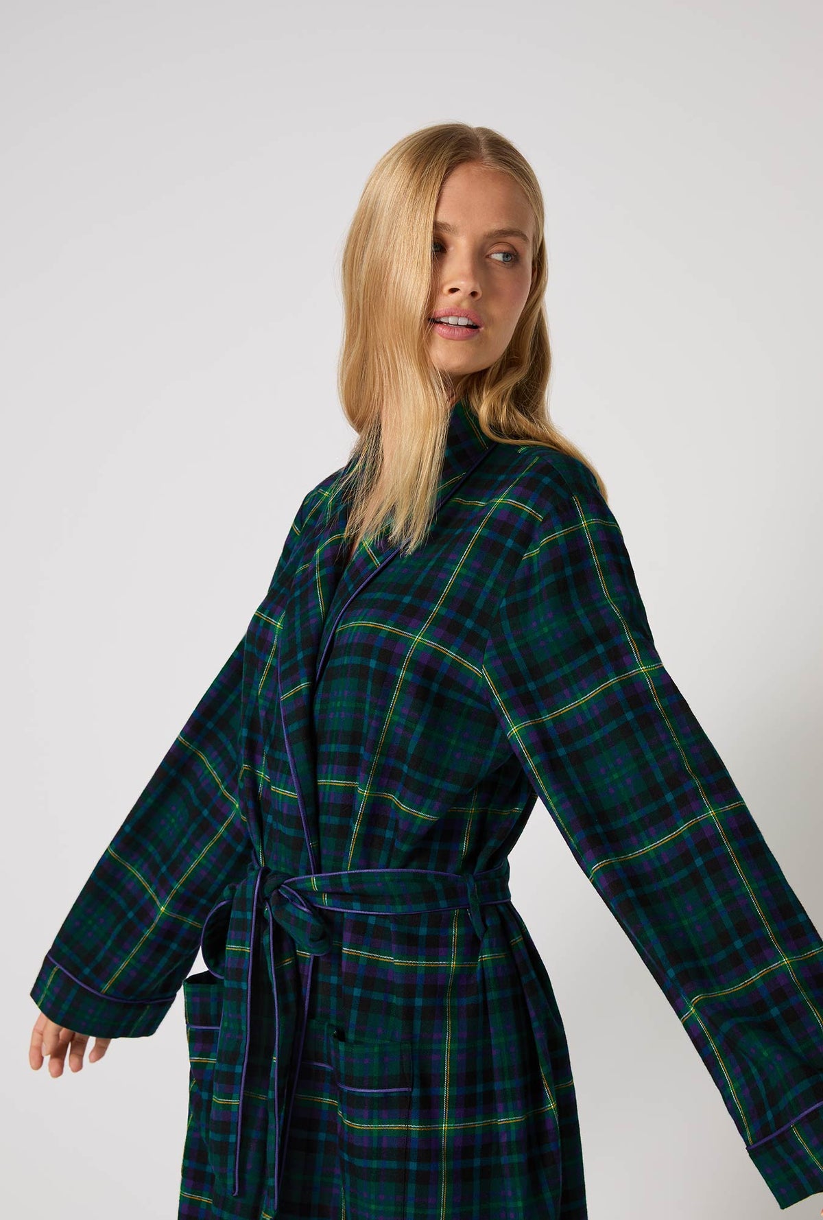 A lady wearing Walden Plaid Unisex Classic Woven Portuguese Flannel Robe de Chambre