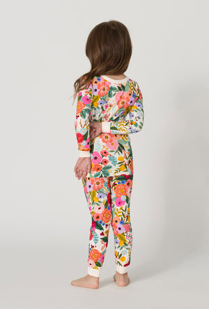 A Girl wearing Rifle Paper Co. x BedHead PJs Garden Party Long Sleeve Stretch Jersey Kids Pj Set back view