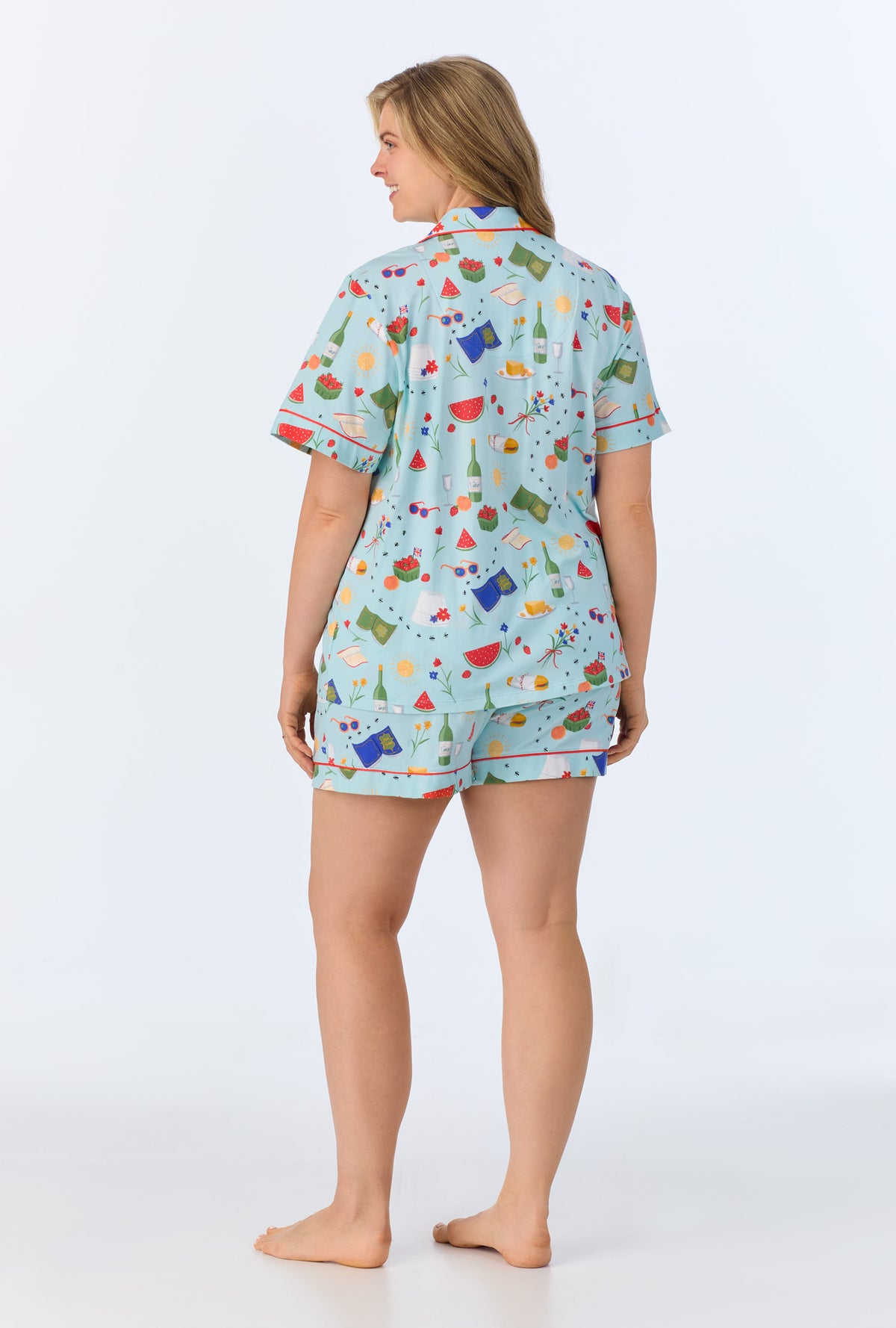 A lady wearing Garden Grazing Short Sleeve Classic Shorty Stretch Jersey PJ Set
