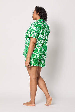 A lady wearing plus size Green and  White Short Sleeve Classic Shorty Stretch Jersey Pj Set back view