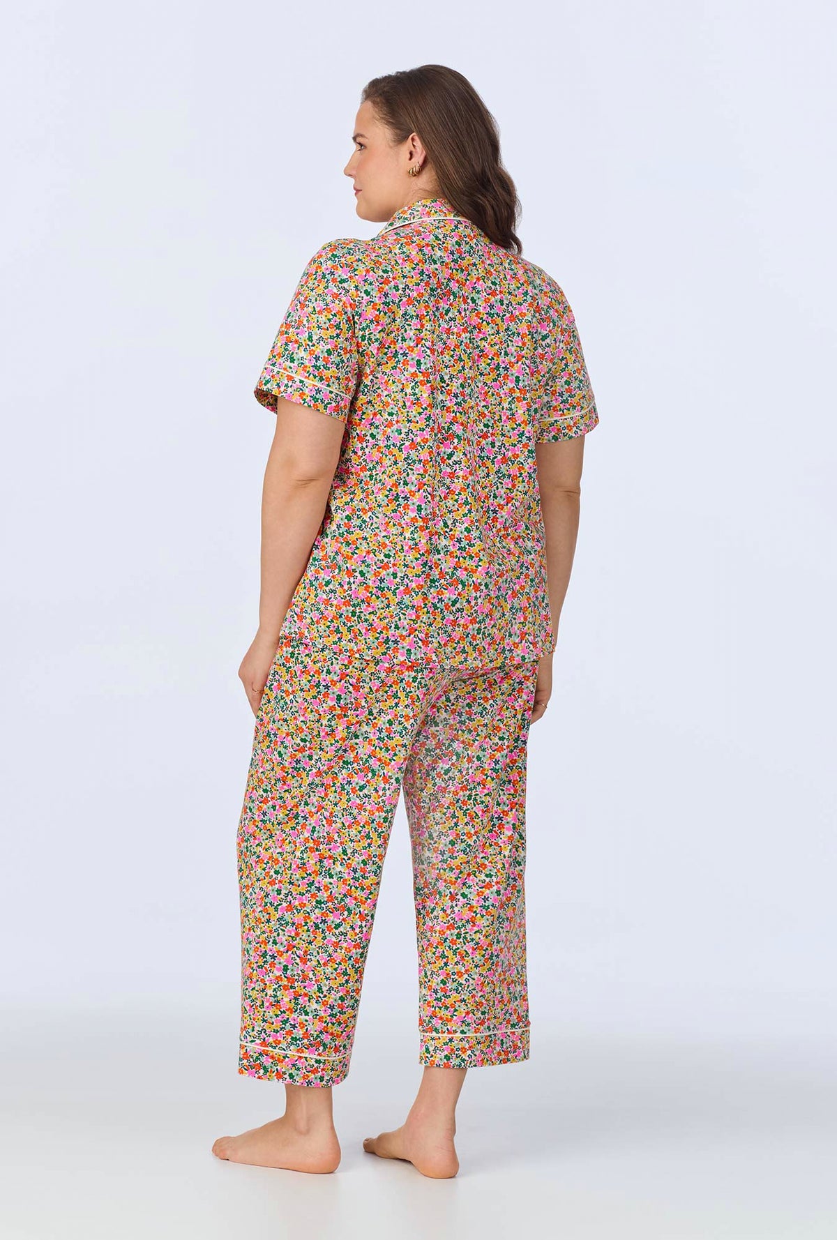 A lady wearing Fresh Picks Short Sleeve Classic Stretch Jersey Cropped PJ Set