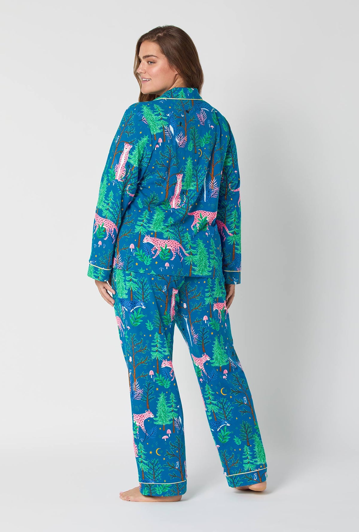 A lady wearing Midnight Forest Long Sleeve Classic Stretch Jersey Pj Set