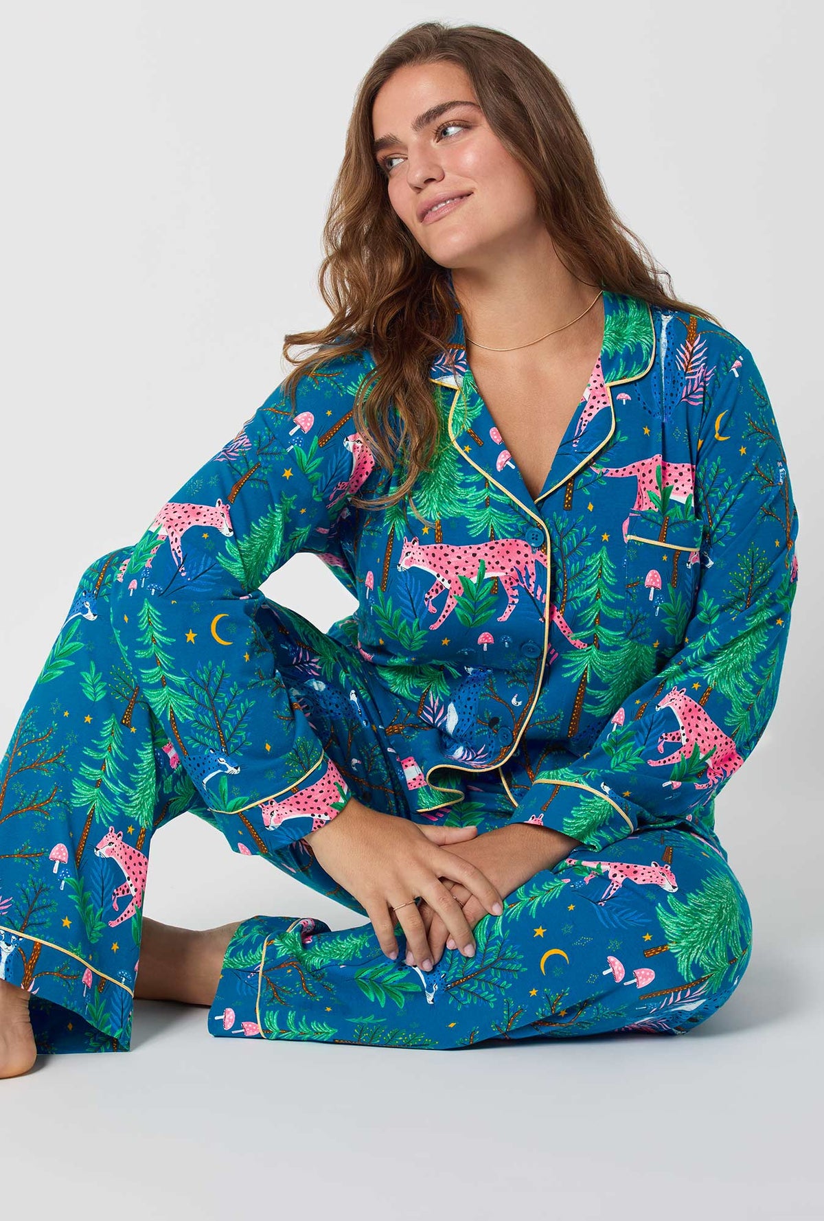 A lady wearing Midnight Forest Long Sleeve Classic Stretch Jersey Pj Set