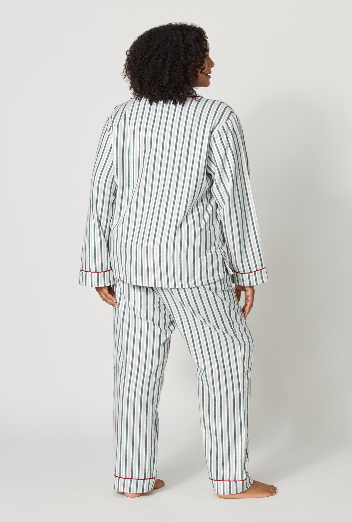 A lady wearing plus size Peppermint Stripe Long Sleeve Classic Woven Portuguese Flannel Pj Set back view