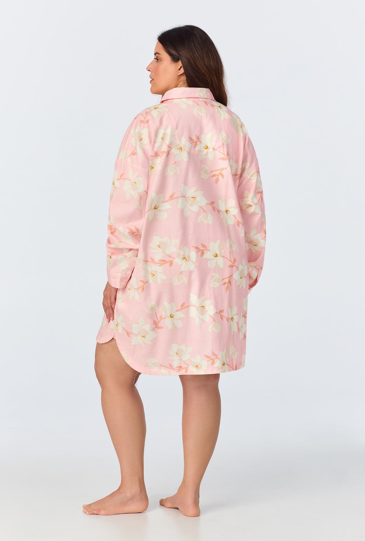A lady wearing Magnolia Blossom High Low Woven Portuguese Flannel Boyfriend Shirt