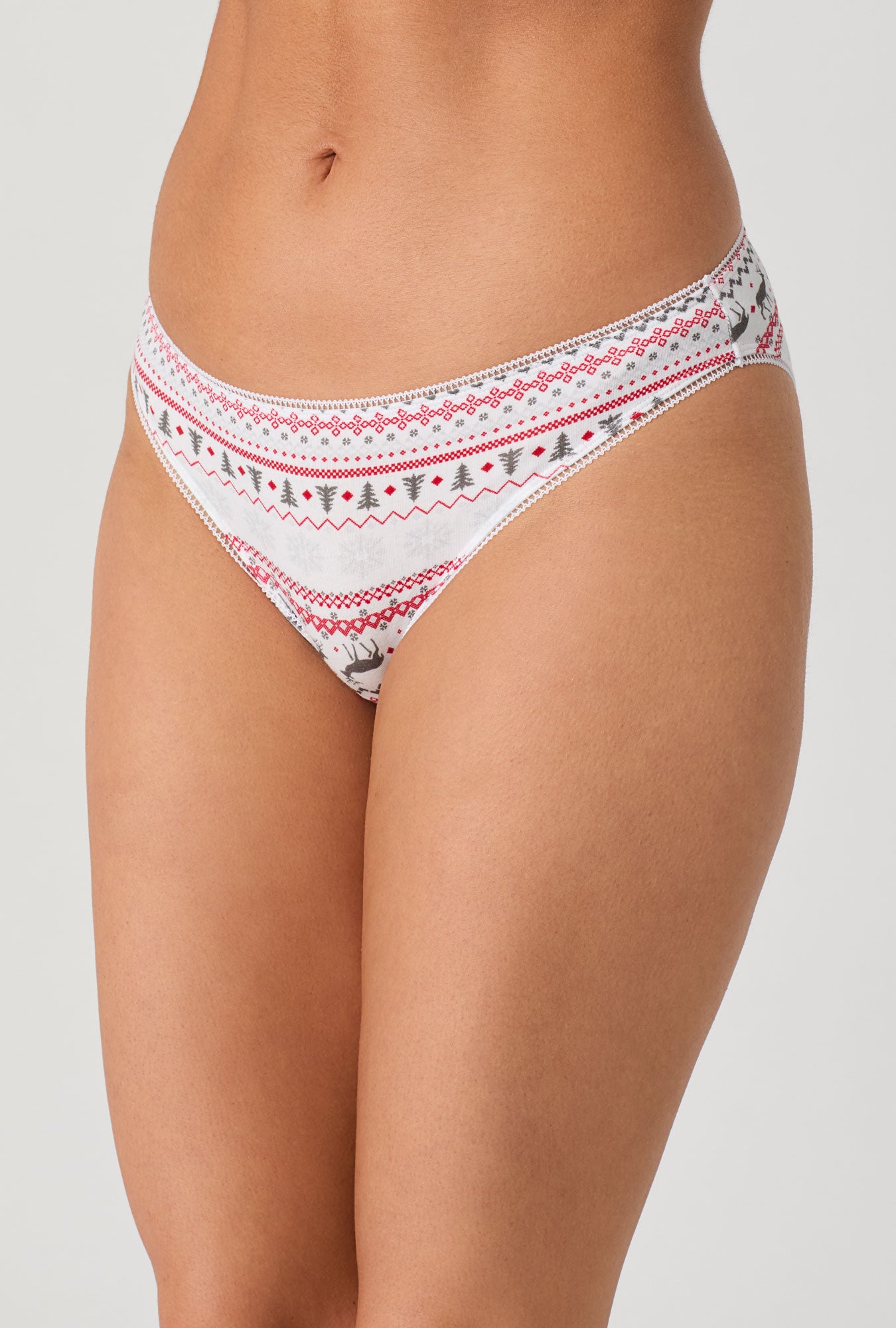 A lady wearing Forest Fairisle Stretch Jersey Bikini Underwear