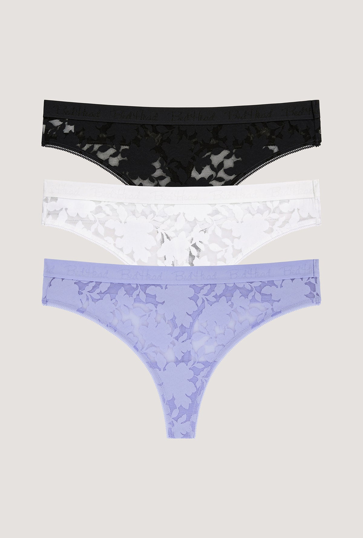 A Stretch Lace Thong Underwear 3 Pack-Black, White, Blue Skies