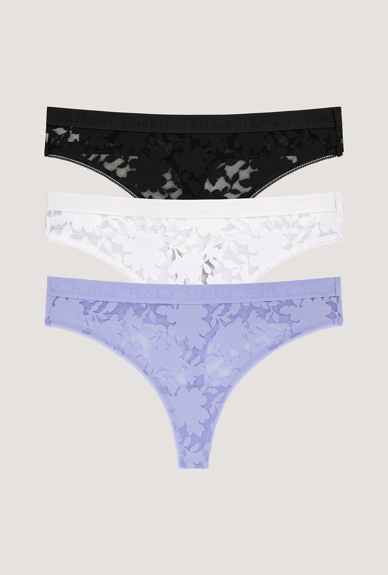 A Stretch Lace Thong Underwear 3 Pack-Black, White, Blue Skies