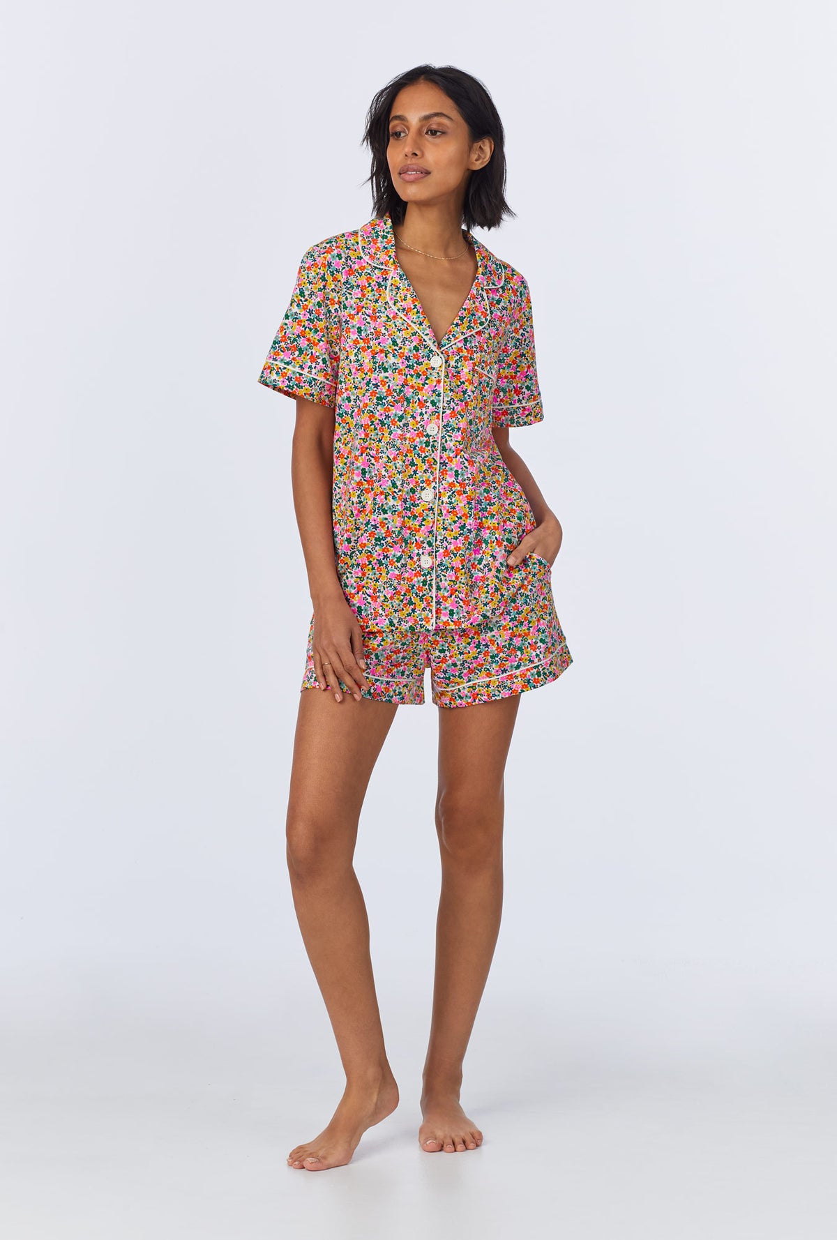 A lady wearing Fresh Picks Short Sleeve Classic Shorty Stretch Jersey PJ Set