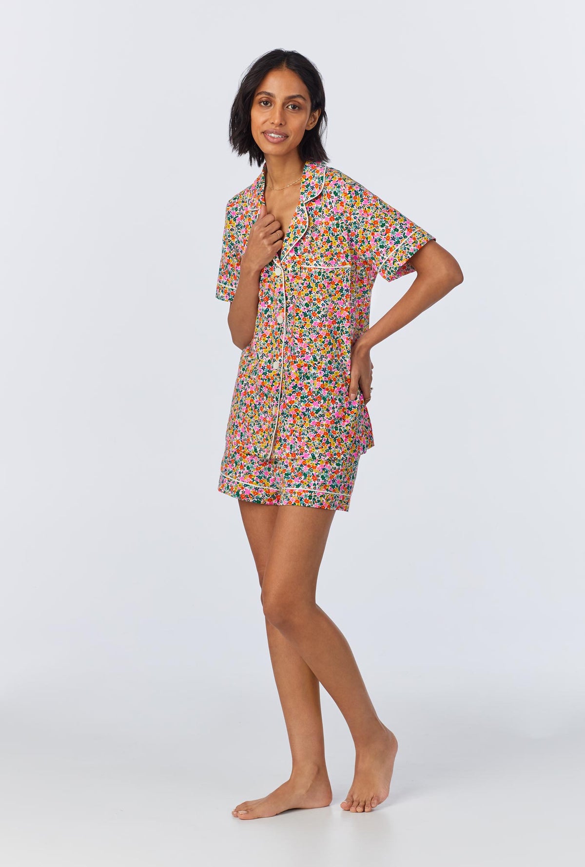 A lady wearing Fresh Picks Short Sleeve Classic Shorty Stretch Jersey PJ Set
