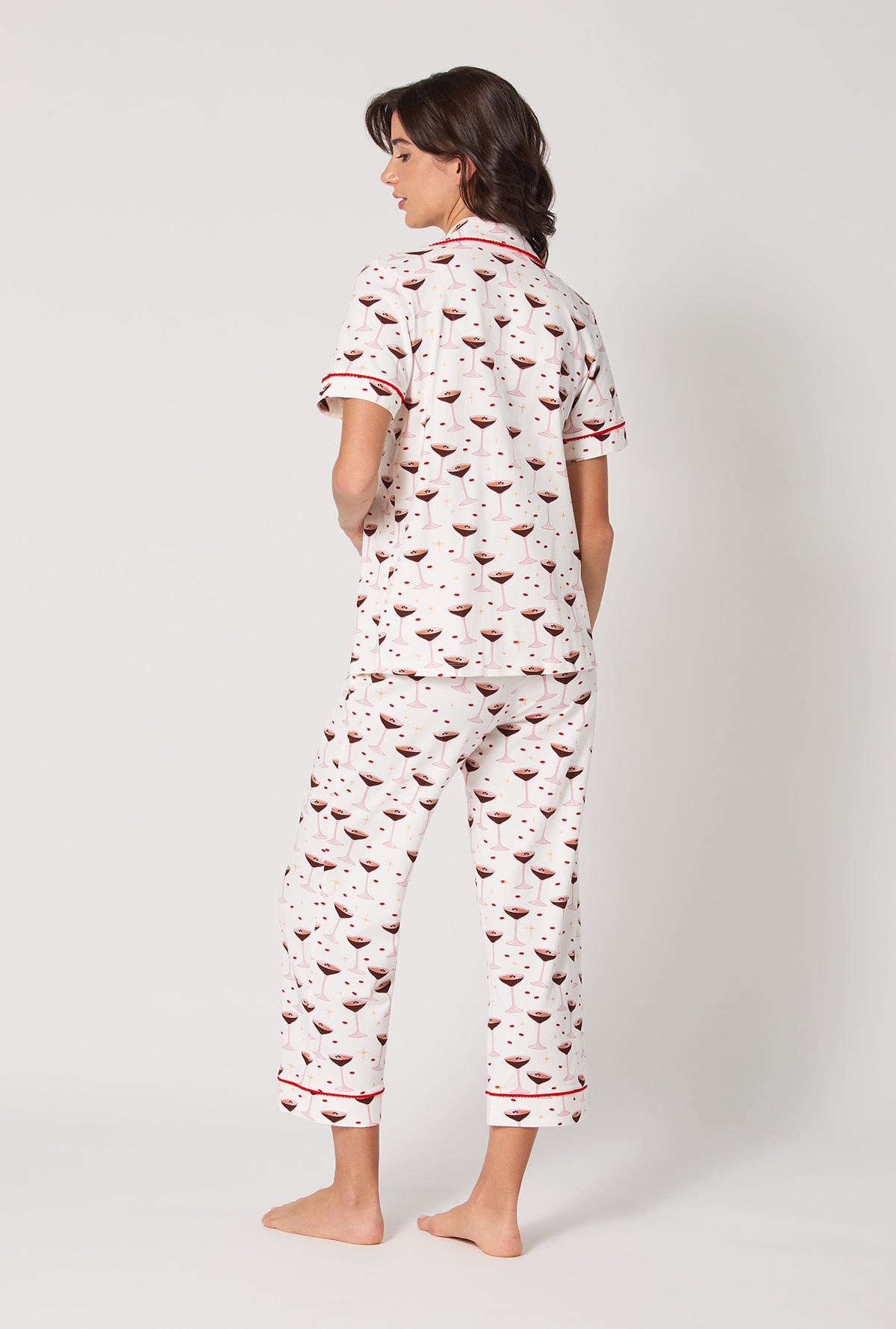 A lady wearing Espresso Kisses Short Sleeve Classic Stretch Jersey Cropped Pj Set