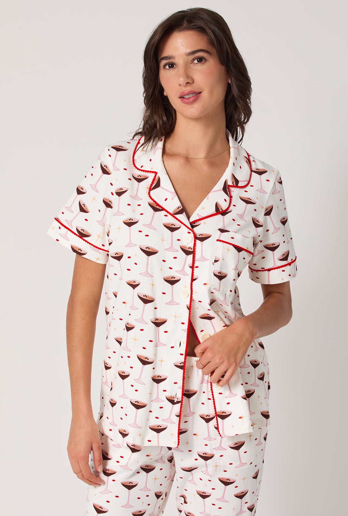 A lady wearing Espresso Kisses Short Sleeve Classic Stretch Jersey Cropped Pj Set