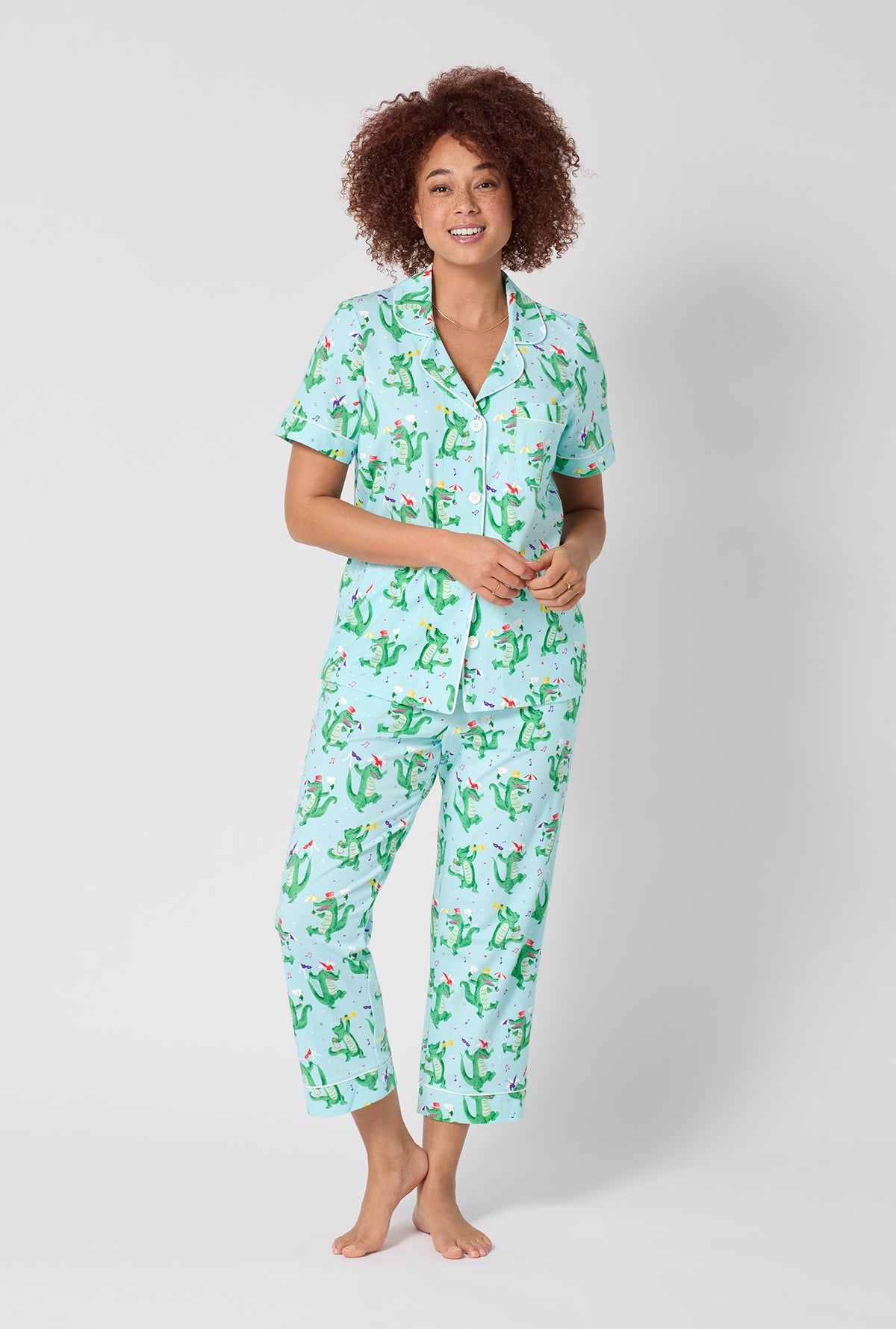 A lady wearing Jazzy Gators Short Sleeve Classic Stretch Jersey Cropped Pj Set
