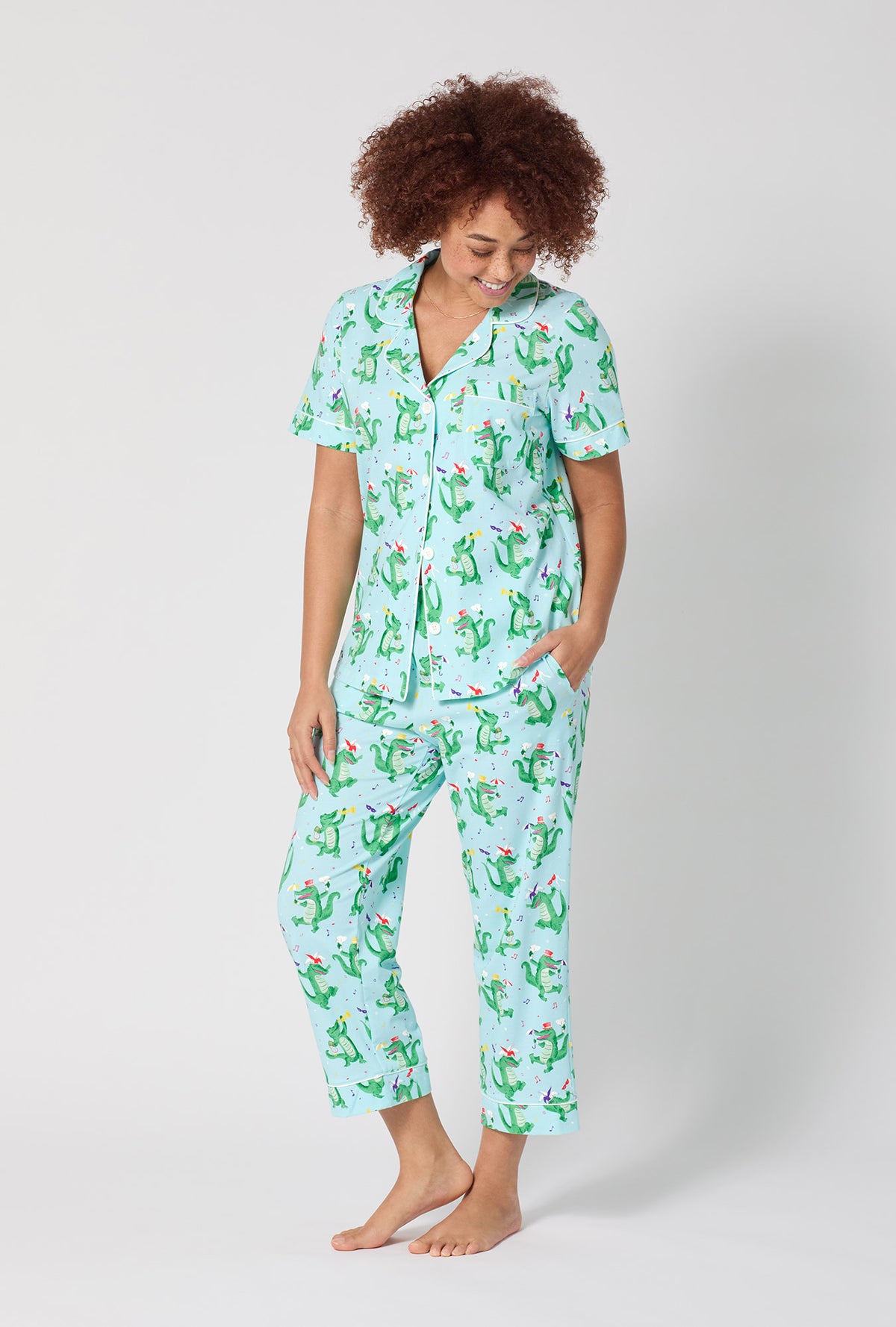 A lady wearing Jazzy Gators Short Sleeve Classic Stretch Jersey Cropped Pj Set
