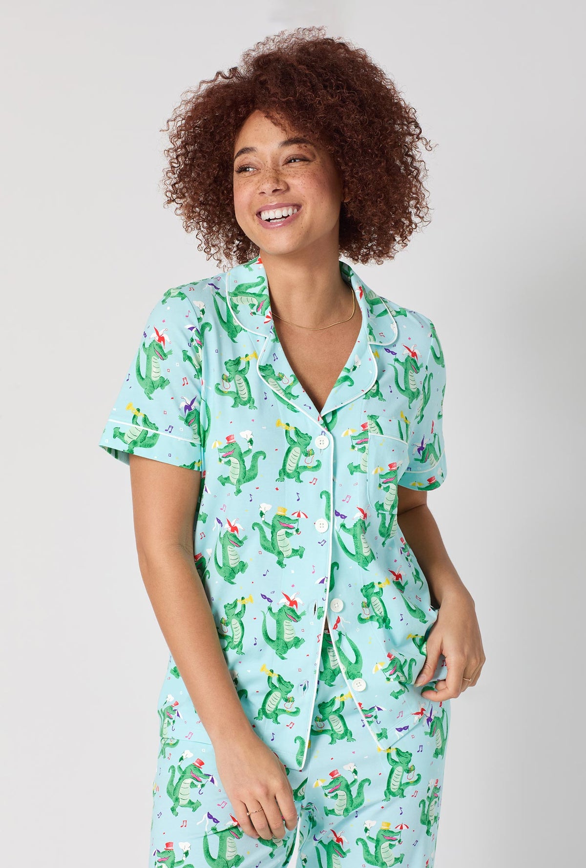 A lady wearing Jazzy Gators Short Sleeve Classic Stretch Jersey Cropped Pj Set