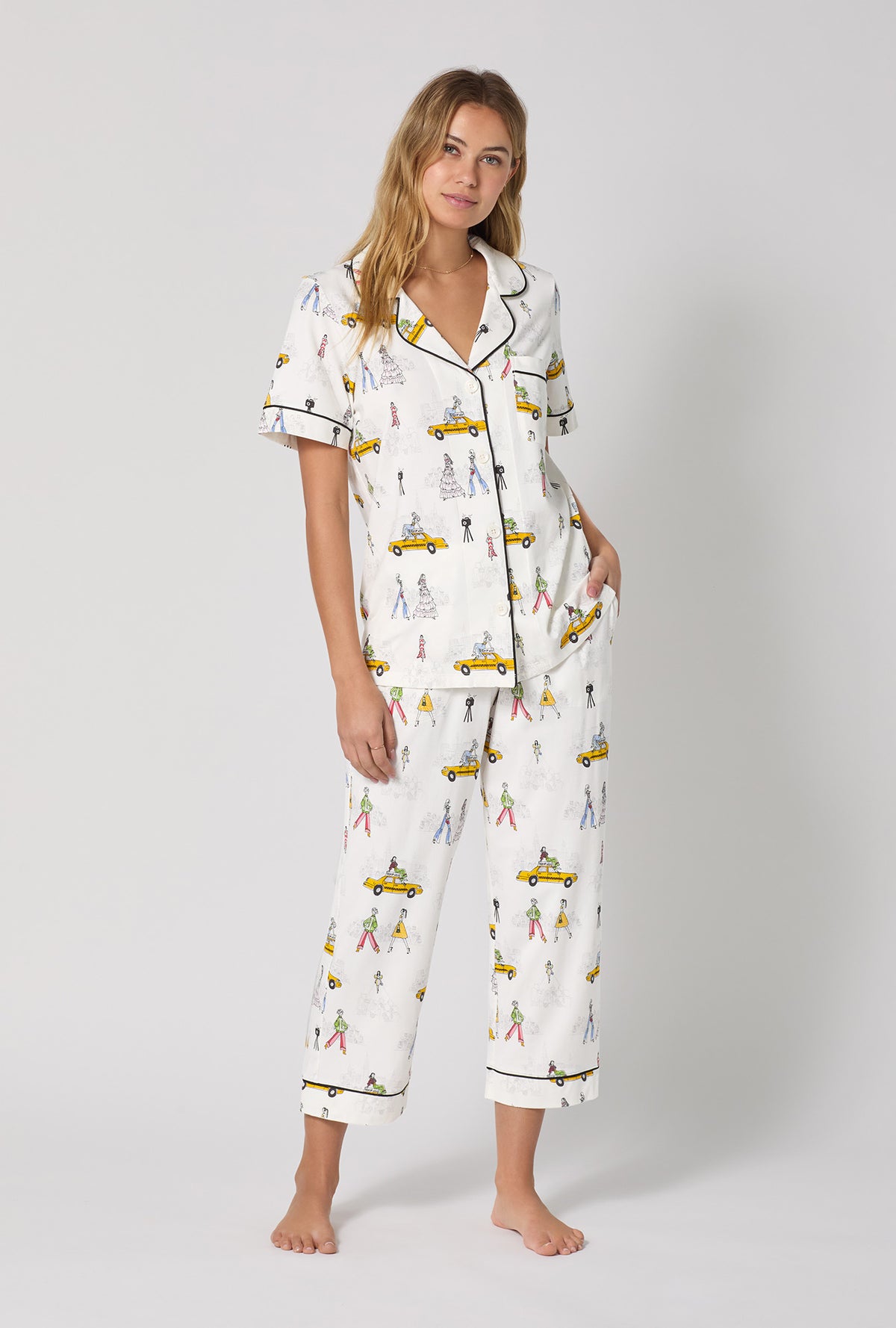 A lady wearing Fashion Week Short Sleeve Classic Stretch Jersey Cropped Pj Set