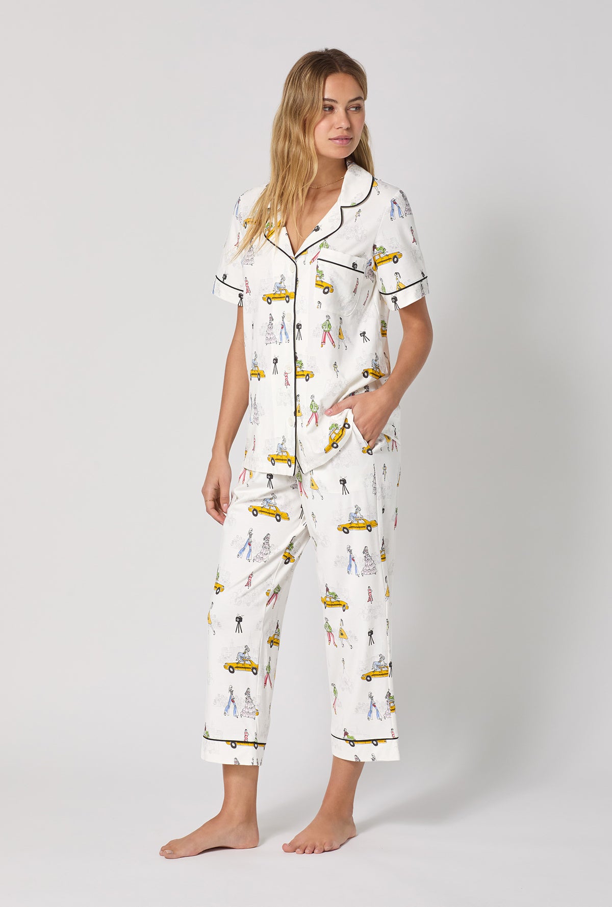 A lady wearing Fashion Week Short Sleeve Classic Stretch Jersey Cropped Pj Set