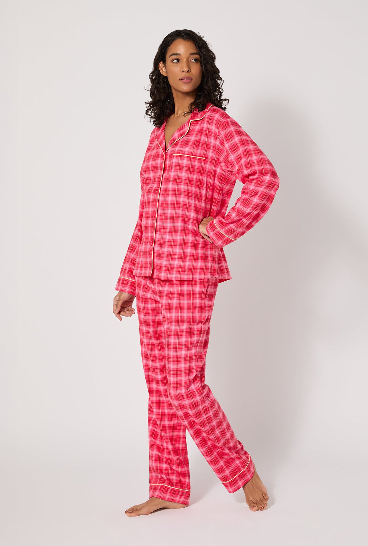 A lady wearing Wonderland Plaid Long Sleeve Classic Woven Portuguese Flannel PJ Set
