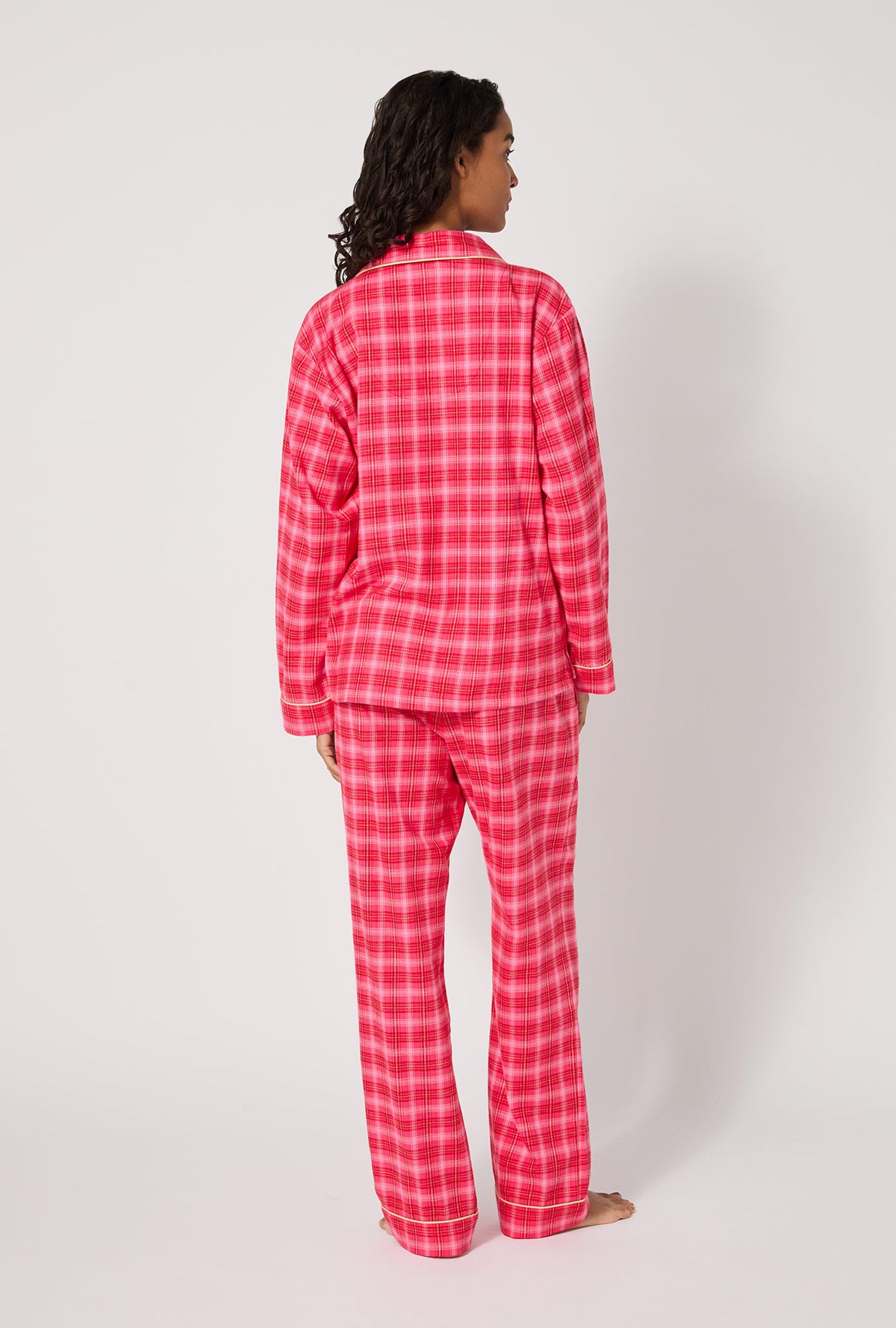 A lady wearing Wonderland Plaid Long Sleeve Classic Woven Portuguese Flannel PJ Set
