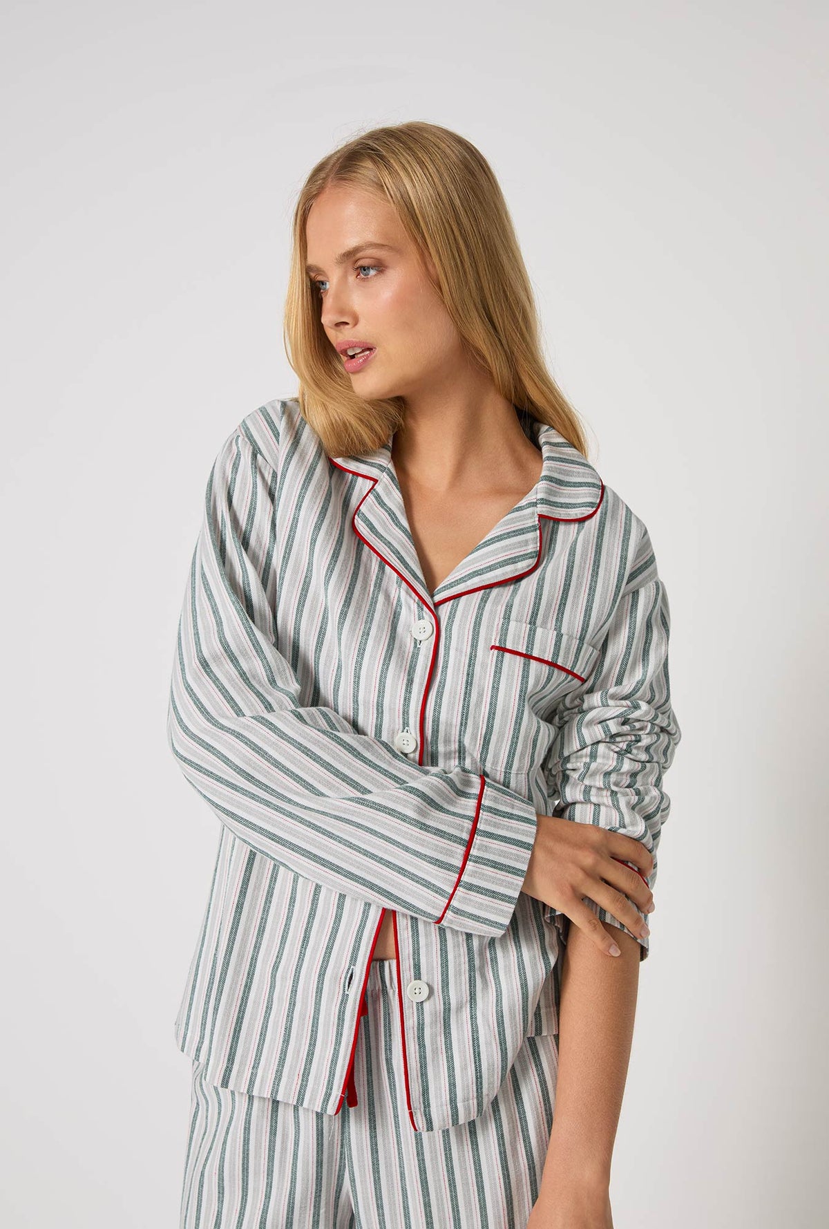 A lady wearing Peppermint Stripe Long Sleeve Classic Woven Portuguese Flannel PJ Set
