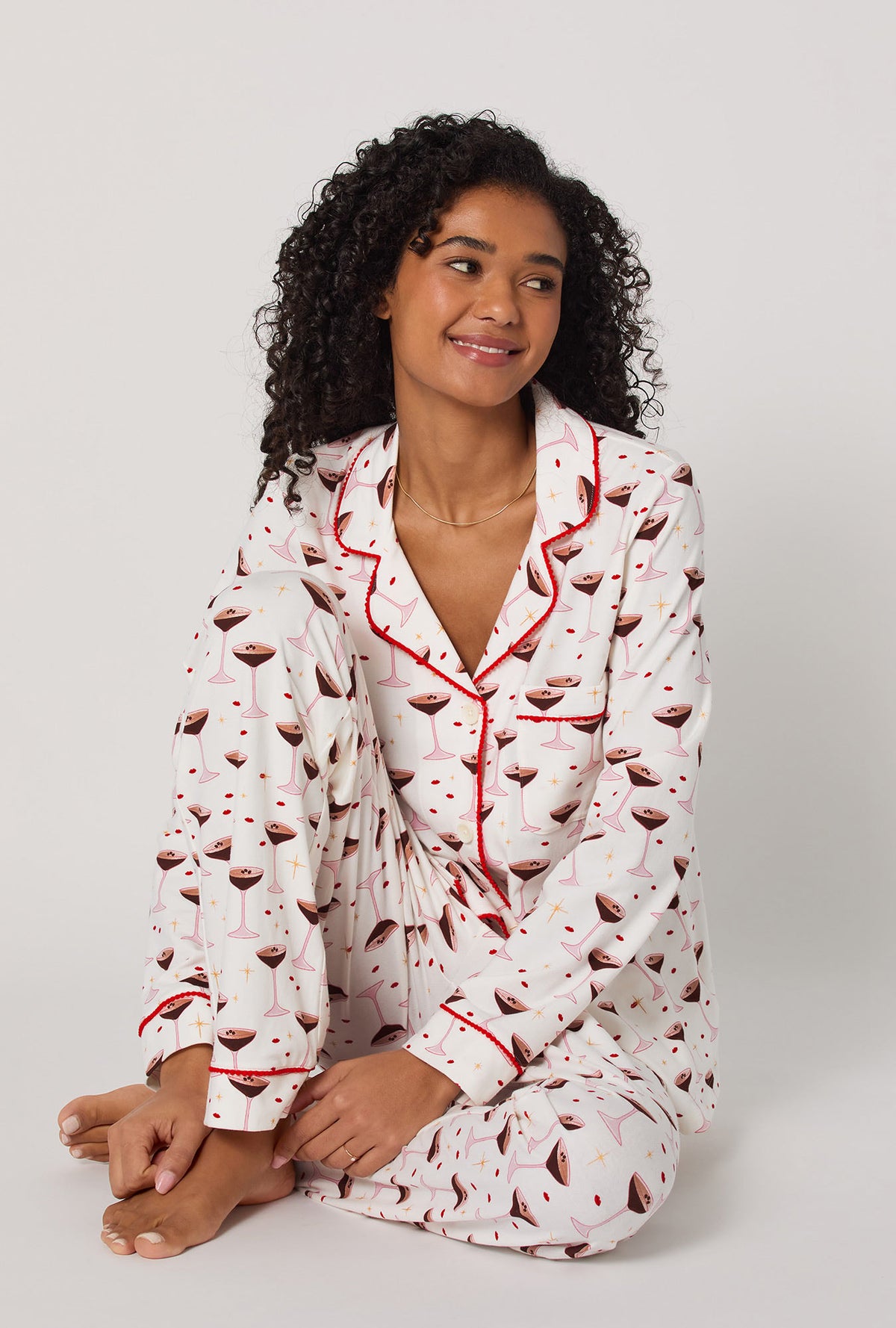 A lady wearing Espresso Kisses Long Sleeve Classic Stretch Jersey Pj Set