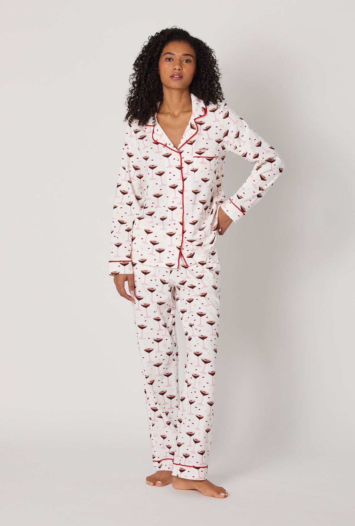 A lady wearing Espresso Kisses Long Sleeve Classic Stretch Jersey Pj Set