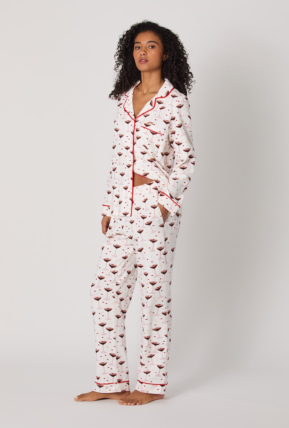 A lady wearing Espresso Kisses Long Sleeve Classic Stretch Jersey Pj Set