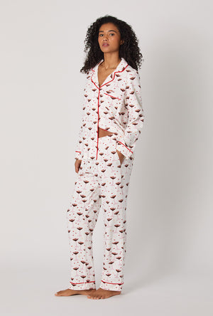 A lady wearing Espresso Kisses Long Sleeve Classic Stretch Jersey Pj Set