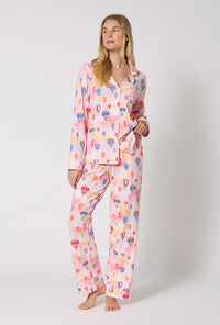 A Lady Wearing Serene Sunrise Long Sleeve Classic Stretch Jersey Pj Set
