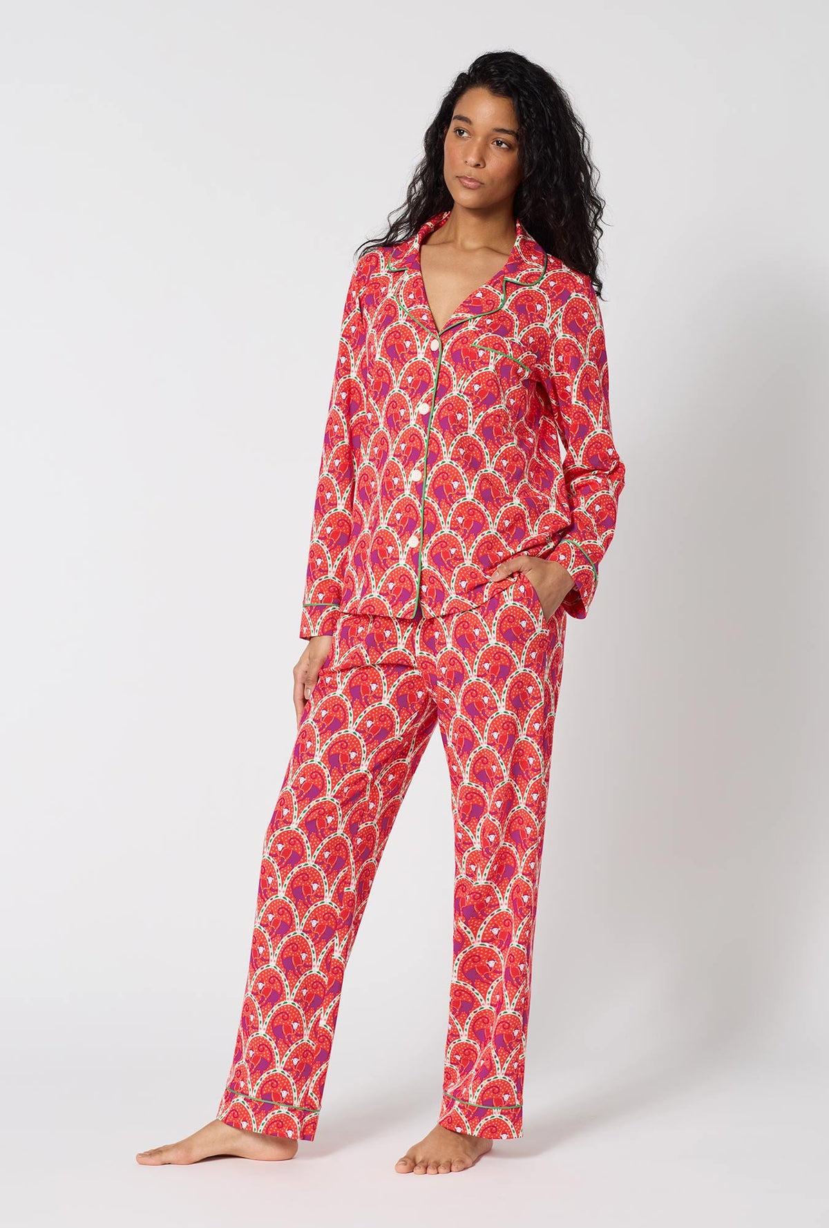 A Lady Wearing Monkeying Around Long Sleeve Classic Stretch Jersey Pj Set in a side angled pose looking to the side