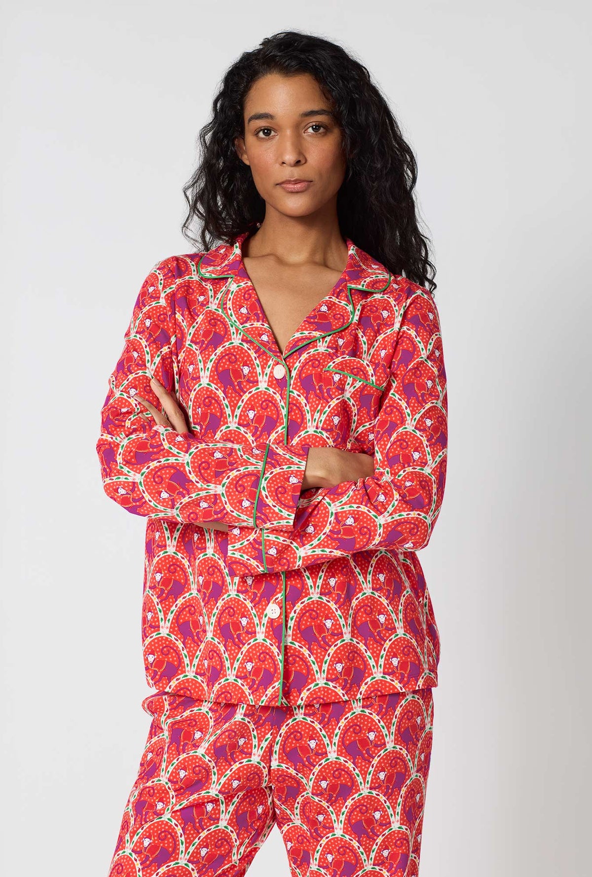 A Lady Wearing Monkeying Around Long Sleeve Classic Stretch Jersey Pj Set in a close up view pose