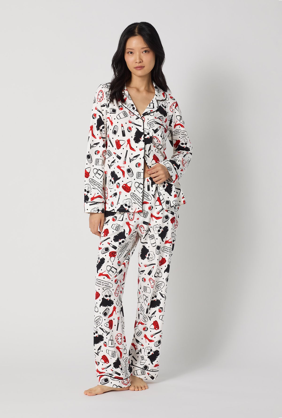 A lady wearing Devil Wears Prada Long Sleeve Classic Stretch Jersey Pj Set