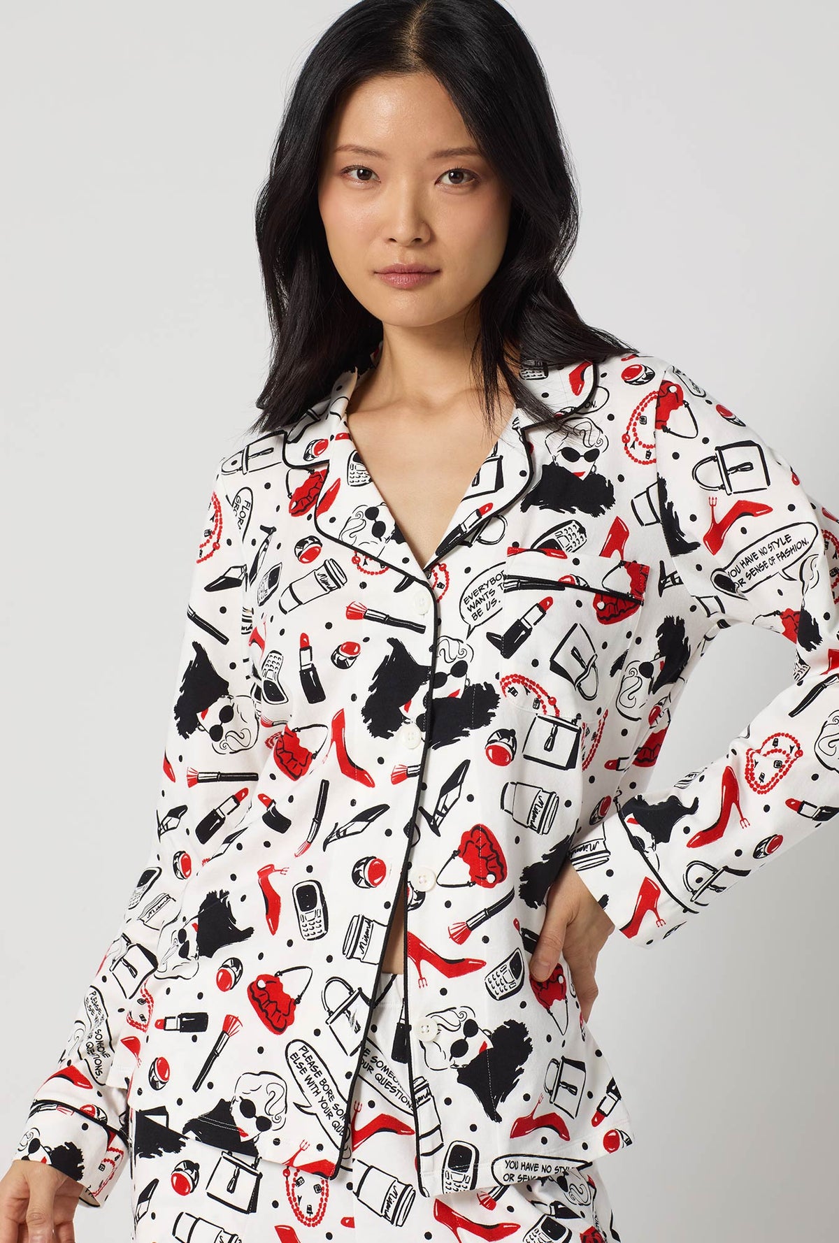 A lady wearing Devil Wears Prada Long Sleeve Classic Stretch Jersey Pj Set closer look
